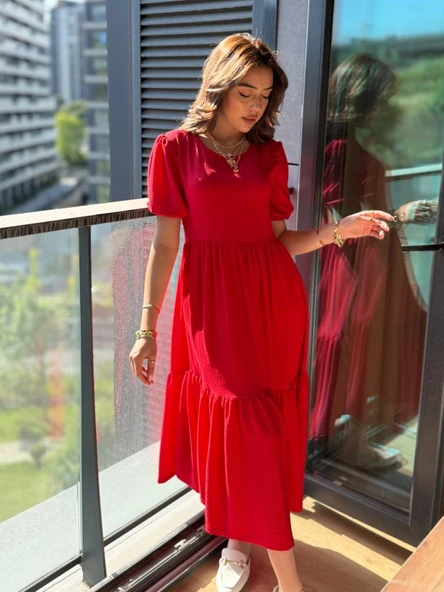 Kadın Kısa Kollu Yakası Açık Katlı Bürümcük Balon Elbise - Resim 3