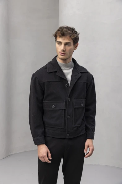 Gaspar Kaşe Kumaş Düğmeli Rahat Kalıp Erkek Ceket - Siyah - 5