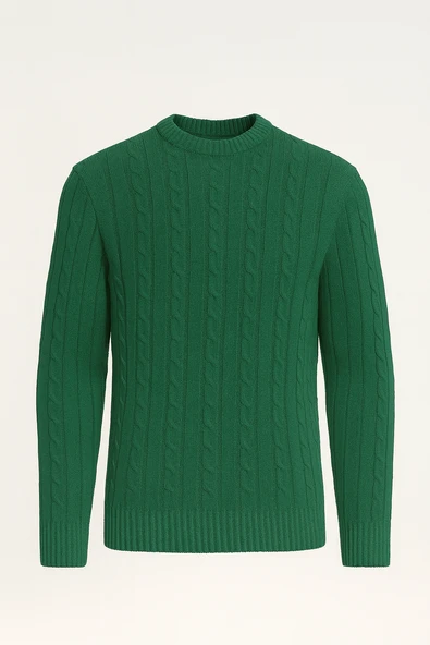 Saç Örgülü Bisiklet Yaka Erkek Triko Kazak - Yeşil ürün görseli