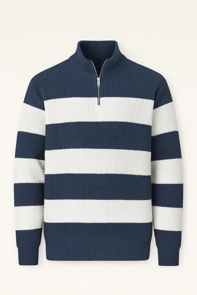 Pedro Oversize Çizgili Selanik Örgülü Yarım Fermuar Triko Erkek Kazak - İndigo ürün görseli 1