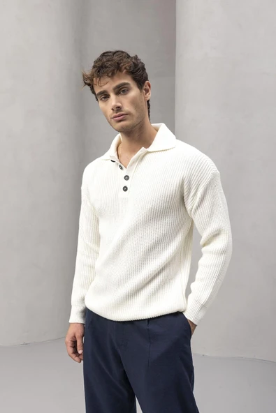 Oversize Selanik Örgü 4 Düğmeli Yarım Pat Rahat Kalıp Erkek Triko Kazak - Ekru - 2