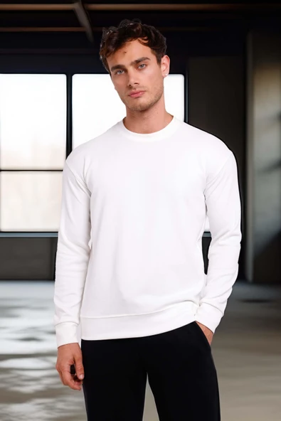 Wenders Relax Fit Basic Fırçalı Interlok Bisiklet Yaka Erkek Sweatshirt - Beyaz - Resim 8