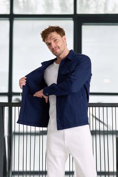Brad Gabardin Kumaş Yan Cepli Erkek Kot Ceket - Lacivert - Resim 4