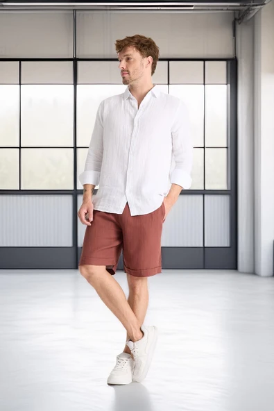 Hafif ve Rahat Duble Paça Müslin Erkek Şort - Kiremit - Resim 5