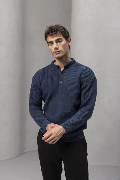 Wes Selanik Örgü 3 Düğmeli Yarım Pat Rahat Kalıp Erkek Triko Kazak - İndigo - Resim 2