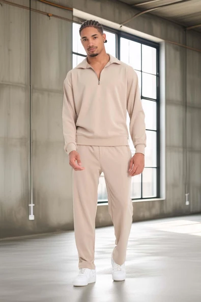 Scuba Modal Kumaş Relaxed Fit Erkek Eşofman Altı Pantolon - Bej - Resim 7