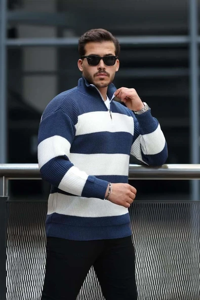 Pedro Oversize Çizgili Selanik Örgülü Yarım Fermuar Triko Erkek Kazak - İndigo - Resim 2