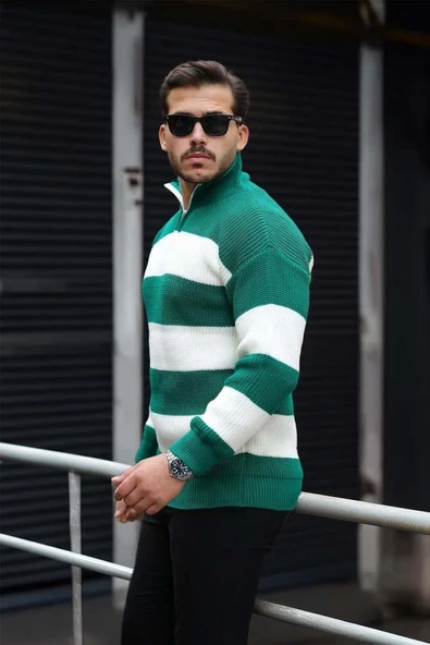 Pedro Oversize Çizgili Selanik Örgülü Yarım Fermuar Triko Erkek Kazak - Yeşil - Resim 5