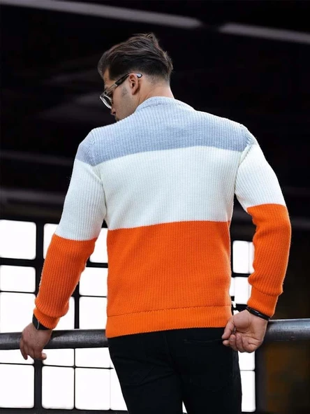 Parça Desen Bisiklet Yaka Erkek Kazak - Turuncu - Resim 5