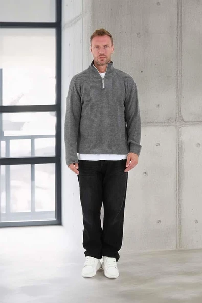 Nolan Oversize Selanik Örgü Yarım Fermuar Erkek Triko Kazak - Füme - Resim 4