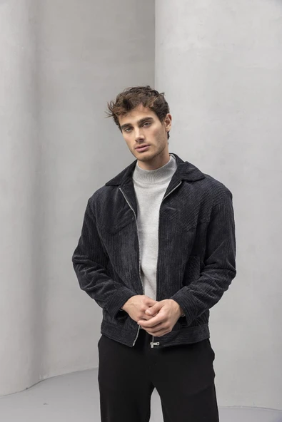 Dreyer Fitilli Kadife Kumaş Fileto Cepli Fermuarlı Erkek Ceket - Siyah - Resim 5