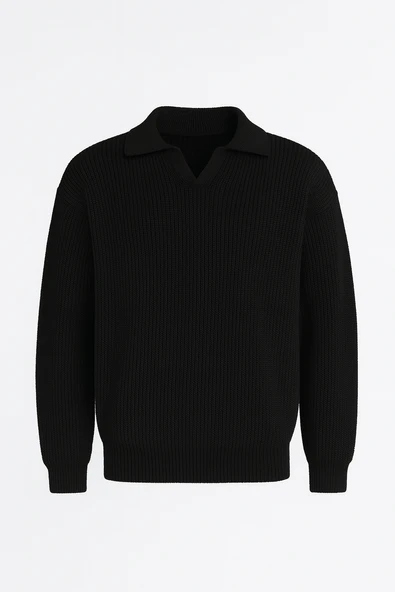 Joris Oversize Gömlek Polo Yaka Selanik Örgülü Erkek Triko Kazak - Siyah