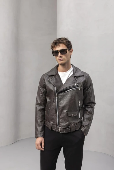 Russell Çok Cepli Biker Deri Görünümlü Erkek Ceket - Kahve - Resim 4