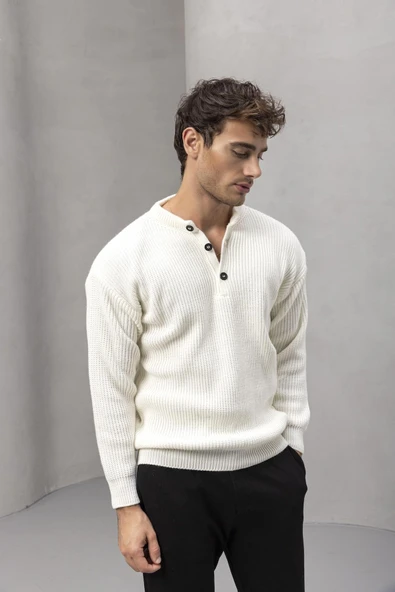 Wes Selanik Örgü 3 Düğmeli Yarım Pat Rahat Kalıp Erkek Triko Kazak - Ekru - Resim 5