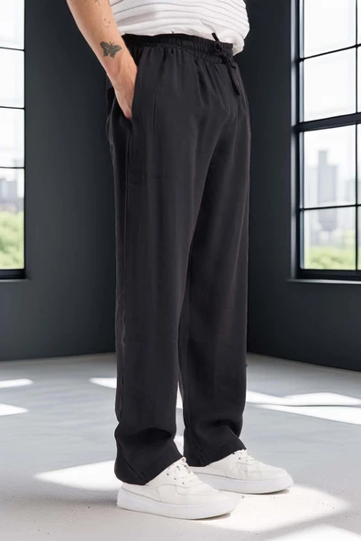 Modal Kumaş Rahat Kalıp Düz Paça Jogger Erkek Pantolon - Siyah - Resim 5