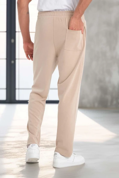 Scuba Modal Kumaş Relaxed Fit Erkek Eşofman Altı Pantolon - Bej - Resim 4