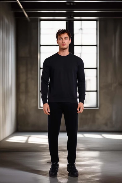 Wenders Relax Fit Basic Fırçalı Interlok Bisiklet Yaka Erkek Sweatshirt - Siyah - Resim 3