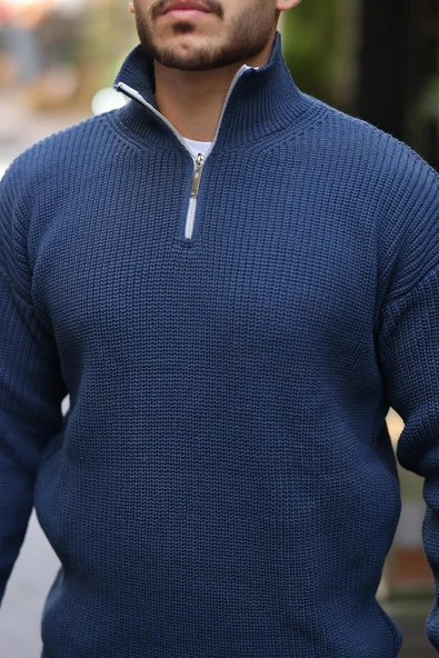 Nolan Oversize Selanik Örgü Yarım Fermuar Erkek Triko Kazak - İndigo - Resim 3