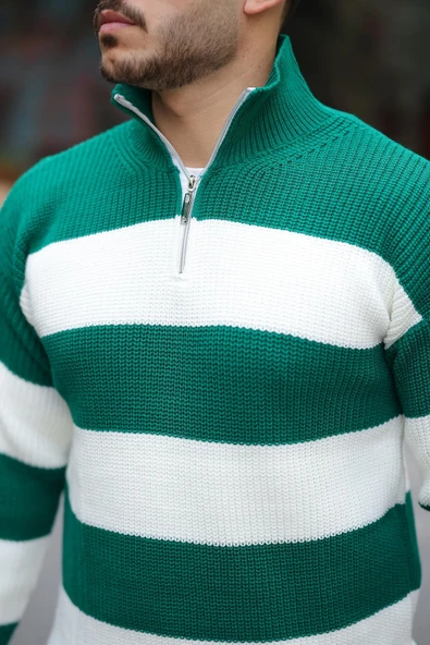 Pedro Oversize Çizgili Selanik Örgülü Yarım Fermuar Triko Erkek Kazak - Yeşil - Resim 4