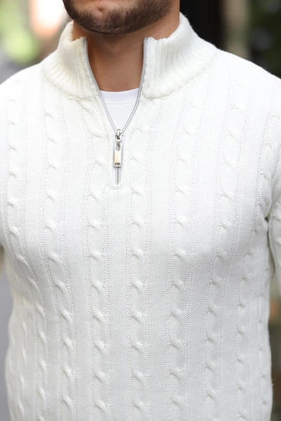Bardem Saç Örgülü Yarım Fermuar Erkek Triko Kazak - Ekru - Resim 3