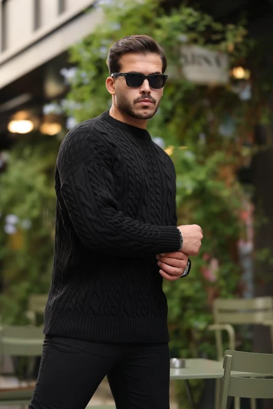 Comfort Fit Saç Örgü Bisiklet Yaka Triko Kazak - Siyah - Resim 4