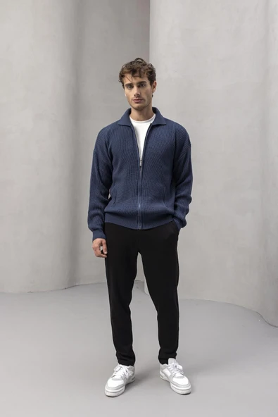 Coppola Selanik Örgü Polo Yaka Cepli Fermuarlı Rahat Kalıp Erkek Triko Hırka - İndigo - Resim 4