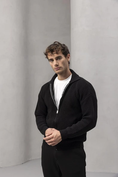 Coppola Selanik Örgü Polo Yaka Cepli Fermuarlı Rahat Kalıp Erkek Triko Hırka - Siyah - Resim 4