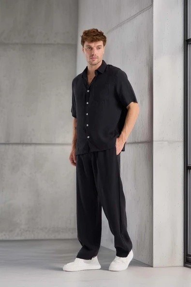 Modal Kumaş Rahat Kalıp Düz Paça Jogger Erkek Pantolon - Siyah - Resim 7