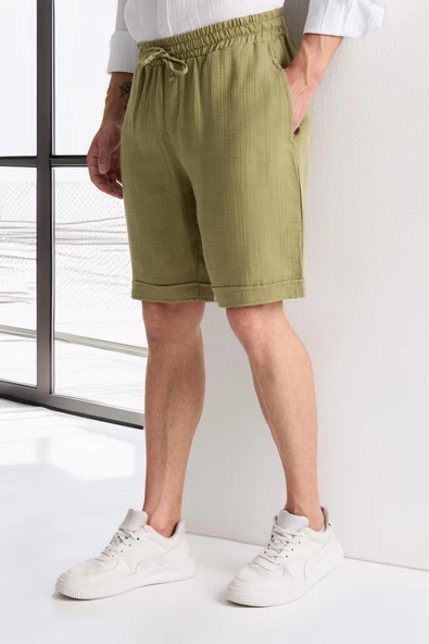 Hafif ve Rahat Duble Paça Müslin Erkek Şort - Açık Haki - Resim 7