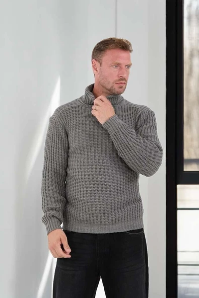 Nopenli Fitil Örgü Balıkçı Kazak - Füme - Resim 3