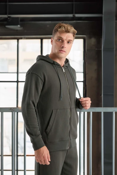 Haneke Regular Kalıp Diagonal 3 İplik Fermuarlı Kapüşonlu Erkek Sweatshirt - Çam Yeşili - Resim 7