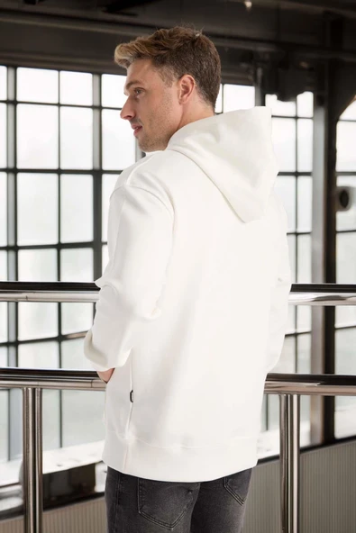 Luc Oversize Basic Dalgıç Kumaş Viskon Kapüşonlu Cepli Sweatshirt Hoodie - Ekru - Resim 4