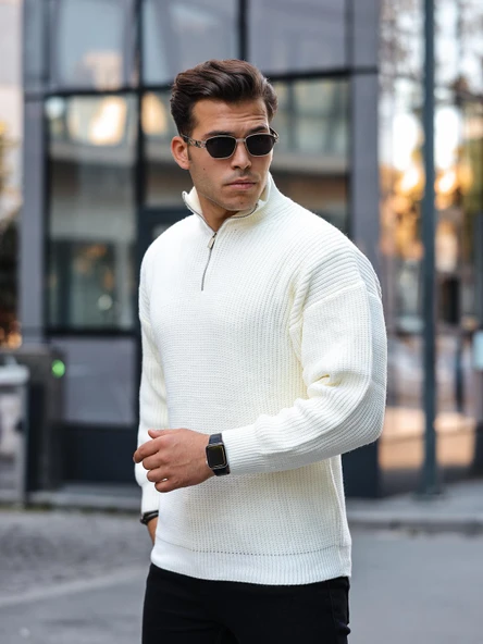 Premium Yarım Fermuar Boğazlı Kazak - Ekru - Resim 2