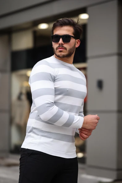 Örme Çizgili Bisiklet Yaka İnce Triko Erkek Kazak - Gri - Resim 5