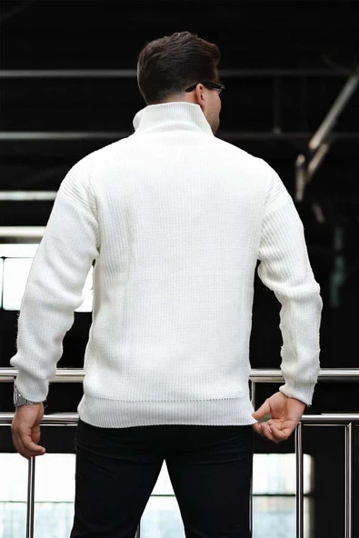 Nolan Oversize Selanik Örgü Yarım Fermuar Erkek Triko Kazak - Ekru - Resim 5