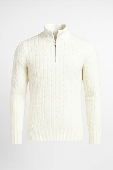 Bardem Saç Örgülü Yarım Fermuar Erkek Triko Kazak - Ekru ürün görseli 1