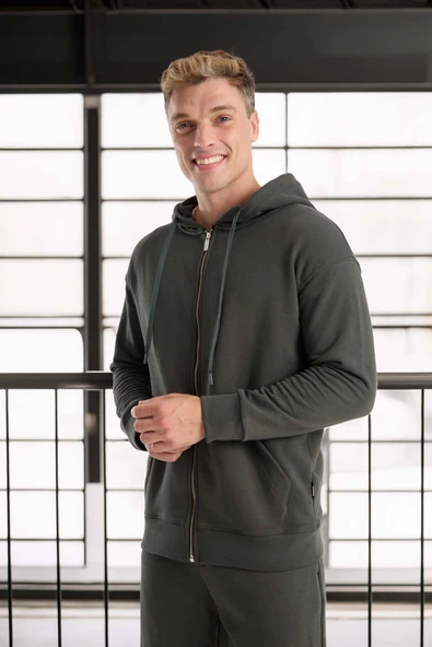 Haneke Regular Kalıp Diagonal 3 İplik Fermuarlı Kapüşonlu Erkek Sweatshirt - Çam Yeşili - Resim 6