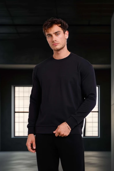 Wenders Relax Fit Basic Fırçalı Interlok Bisiklet Yaka Erkek Sweatshirt - Siyah - Resim 7
