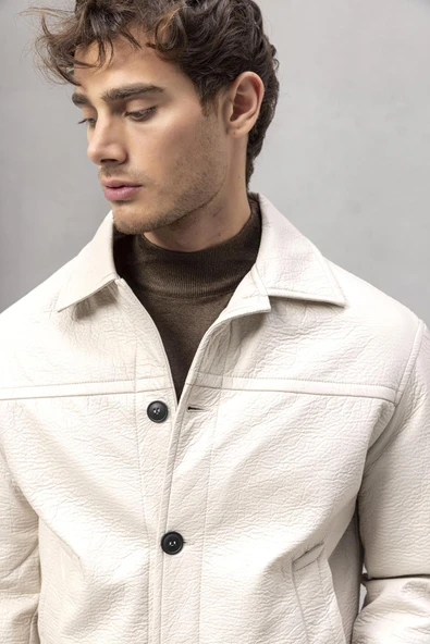 Denzel Düğmeli Yan Cepli Deri Görünümlü Erkek Ceket - Bej - Resim 2