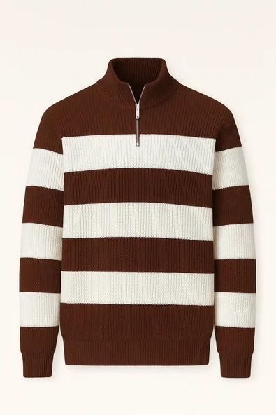 Pedro Oversize Çizgili Selanik Örgülü Yarım Fermuar Triko Erkek Kazak - Kahve ürün görseli