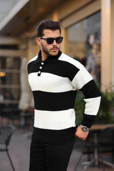 Düğmeli Polo Yaka Yarım Oversize  Çizgili Triko Kazak - Siyah ürün görseli 1