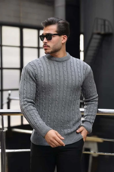 Saç Örgülü Bisiklet Yaka Erkek Triko Kazak - Füme - Resim 2