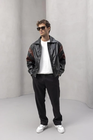 Burton Kolları Garnili Çıtçıtlı Fermuarlı Deri Görünümlü Erkek Ceket - Bordo Siyah - Resim 6