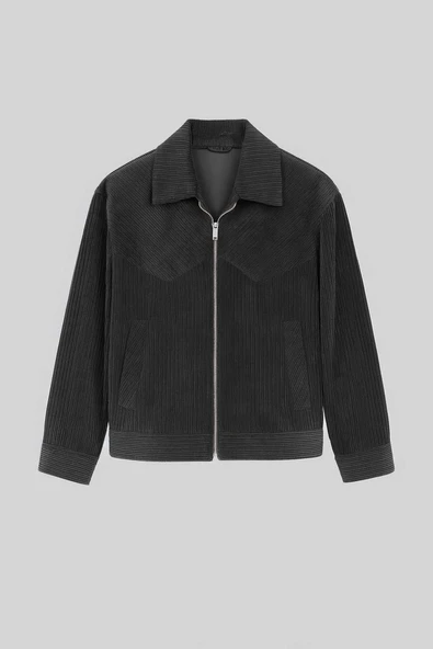 Dreyer Fitilli Kadife Kumaş Fileto Cepli Fermuarlı Erkek Ceket - Siyah ürün görseli 1