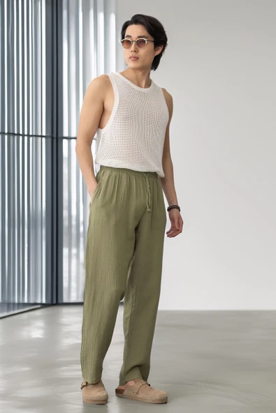 Hafif ve Rahat Müslin Baggy Erkek Pantolon - Haki - Resim 6