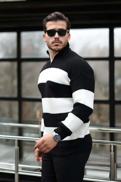 Pedro Oversize Çizgili Selanik Örgülü Yarım Fermuar Triko Erkek Kazak - Siyah - Resim 5