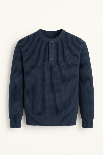 Wes Selanik Örgü 3 Düğmeli Yarım Pat Rahat Kalıp Erkek Triko Kazak - İndigo ürün görseli