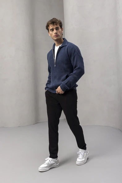 Coppola Selanik Örgü Polo Yaka Cepli Fermuarlı Rahat Kalıp Erkek Triko Hırka - İndigo - Resim 5