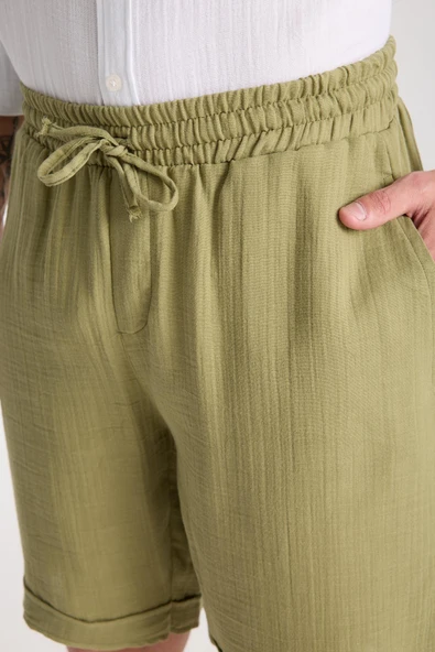 Hafif ve Rahat Duble Paça Müslin Erkek Şort - Açık Haki - Resim 2
