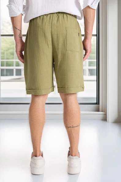 Hafif ve Rahat Duble Paça Müslin Erkek Şort - Açık Haki - Resim 9